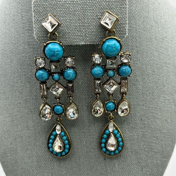 Bohemian Faux Turquoise & Rhinestone Sparkle Dangle Chandelier Earrings Chic - Picture 2 of 8